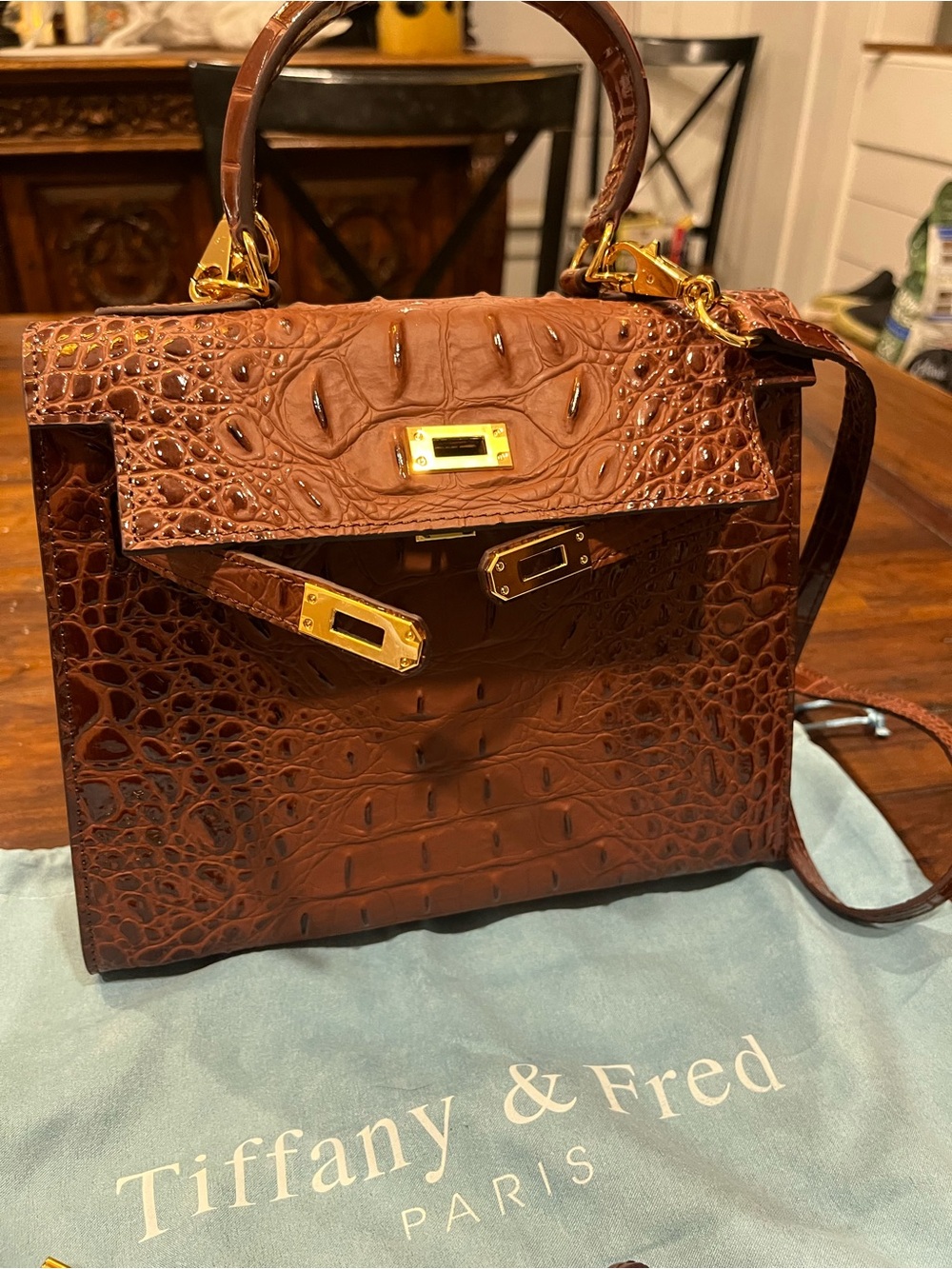 Tiffany & Fred Brown Croc-Embossed Top-Handle Satchel, Gold Hardware, handmade